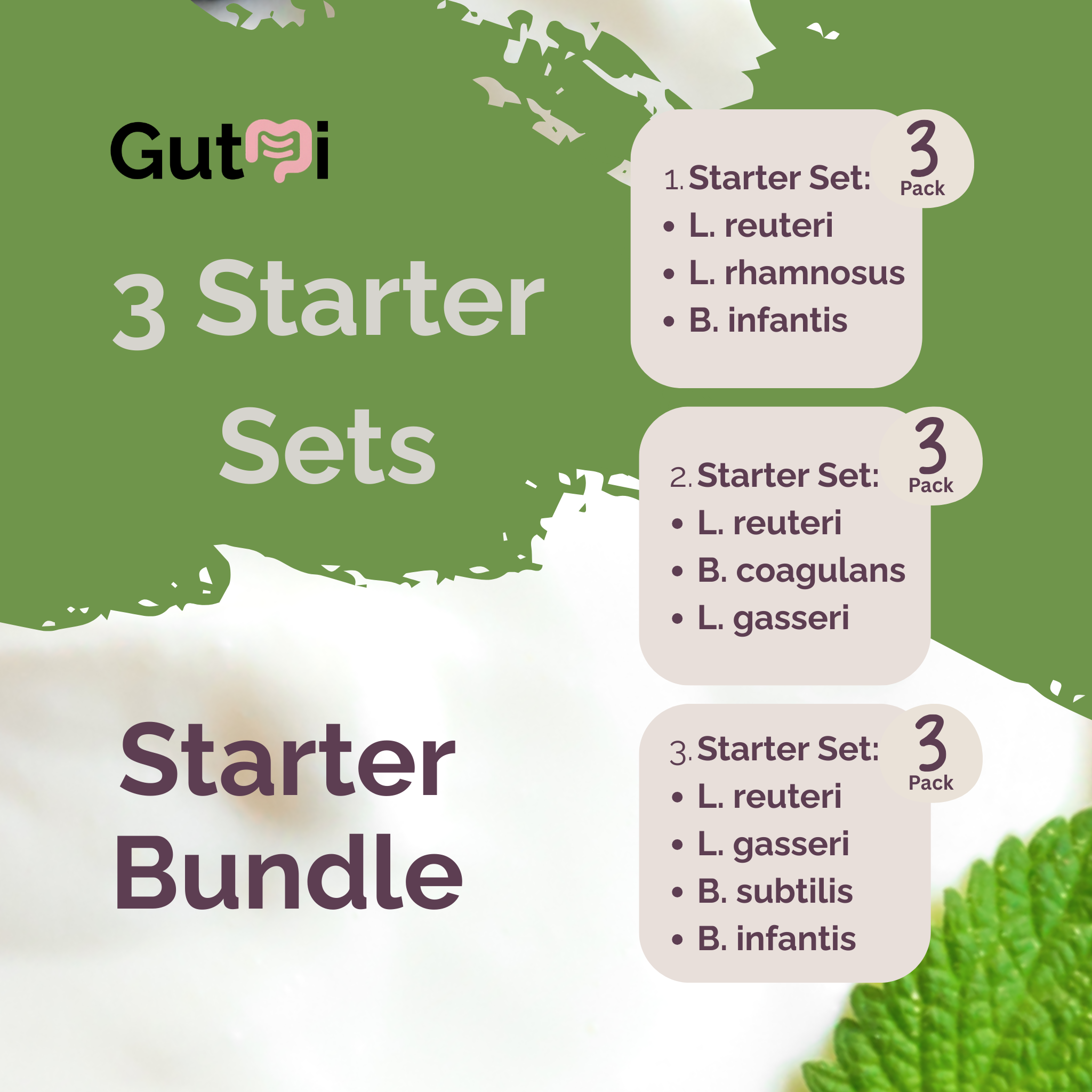 GutMi | L. reuteri + L. rhamnosus + B. infantis + B. coagulans + L. gasseri + B. subtilis | Starter Bundle | Joghurt Starter Paket | 3 Sets